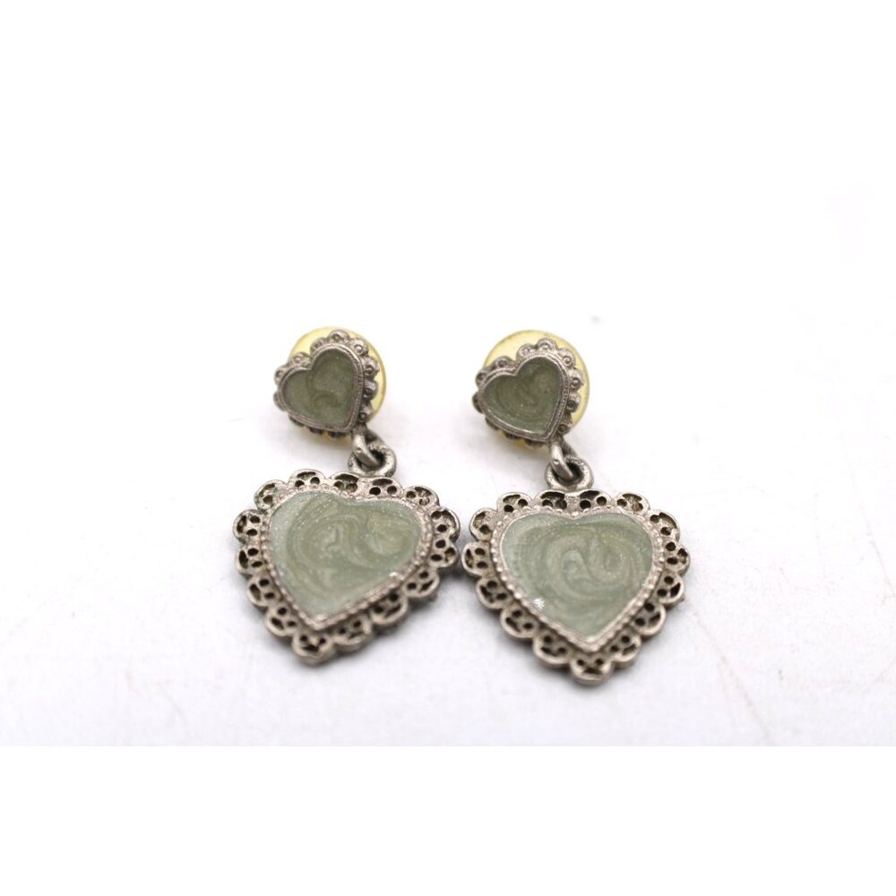 Heart Drop Enamel Earrings Sage Green Swirl and Ornate Framing Vtg Silver Tone - Picture 2 of 10